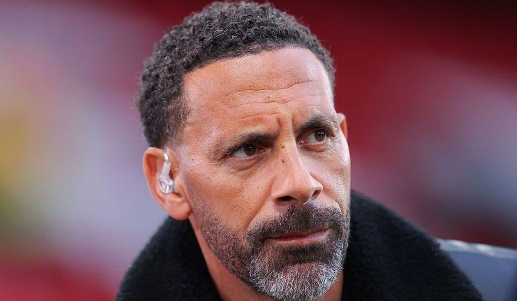 Rio Ferdinand Manchester United and England football career biography graphic with trophies and Premier League achievements.