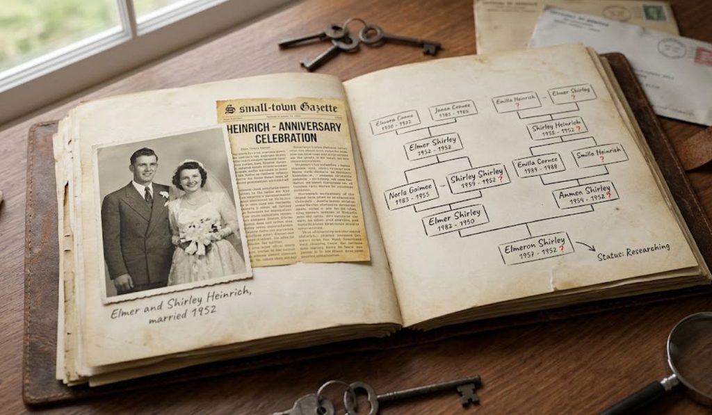 Vintage genealogy scene featuring Elmer and Shirley Heinrich portraits, family records, census documents, marriage records, newspaper clippings, and historical archives.