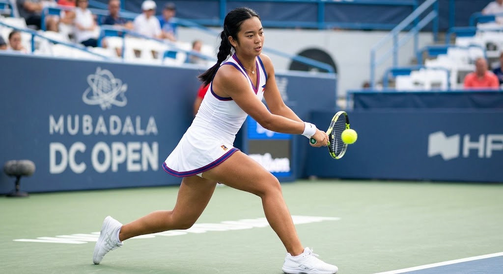 Alexandra Eala – Filipino Professional Tennis Player Alexandra Eala, Filipino professional tennis player, holding a tennis racket on a blue court.